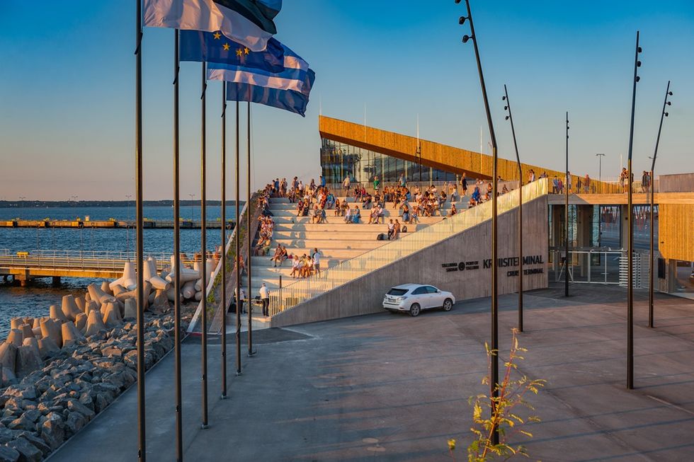 tallinn, estonia 16 july 2021 just opened new modern cruise terminal kruiisiterminal in tallinn on the sunset europe