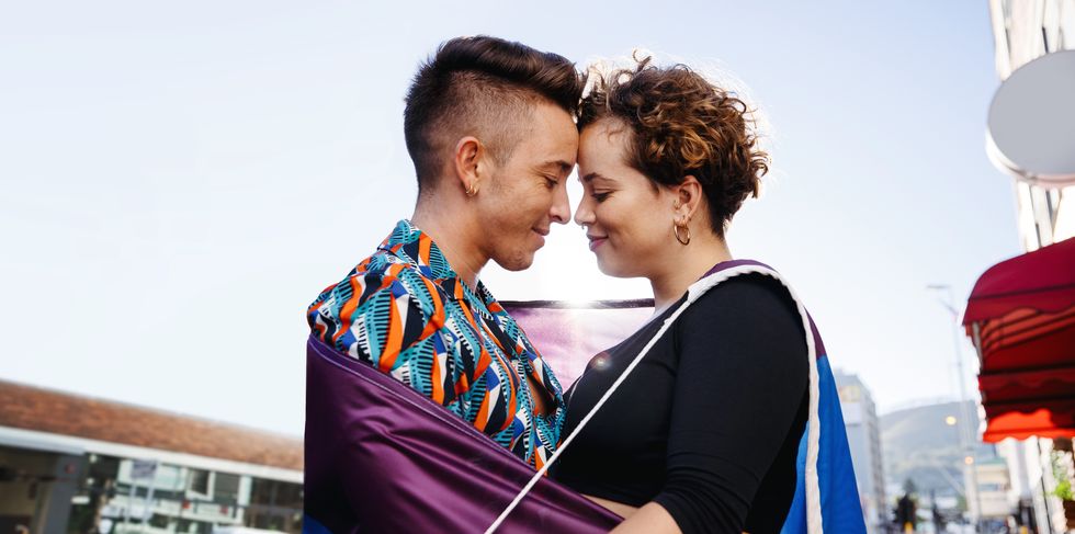 beautiful queer couple bonding outdoors young lgbtq couple standing together with a rainbow pride flag around them two non conforming lovers touching their foreheads together affectionately