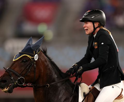 chofu, japan   august 06 annika schleu of team germany looks dejected following her run in the riding show jumping of the womens modern pentathlon on day fourteen of the tokyo 2020 olympic games at tokyo stadium on august 06, 2021 in chofu, japan photo by dan mullangetty images
