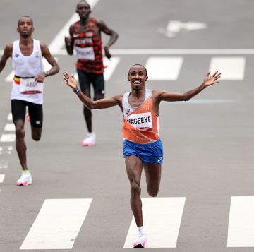sapporo, japan   august 08 silver medalist abdi nageeye of team netherlands reacts during the men's marathon final on day sixteen of the tokyo 2020 olympic games at sapporo odori park on august 08, 2021 in sapporo, japan photo by clive brunskillgetty images