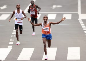 sapporo, japan   august 08 silver medalist abdi nageeye of team netherlands reacts during the men's marathon final on day sixteen of the tokyo 2020 olympic games at sapporo odori park on august 08, 2021 in sapporo, japan photo by clive brunskillgetty images