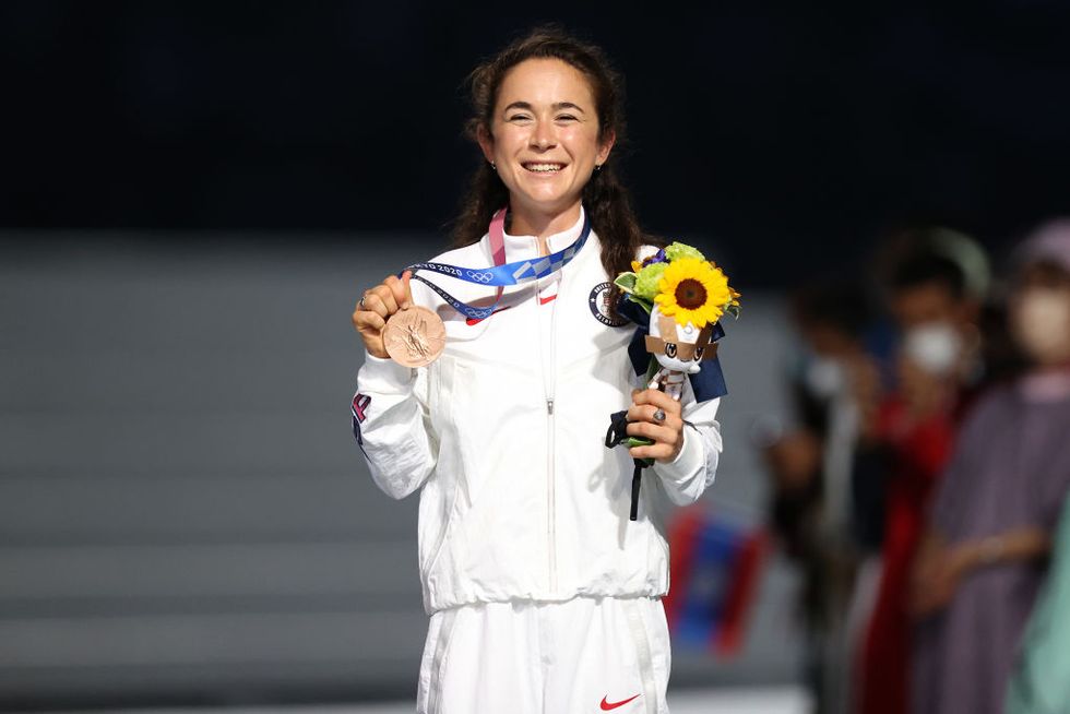 tokyo, japan august 08 bronze medalist molly seidel of team united states pose during the medal ceremony for the womens marathon final during the closing ceremony of the tokyo 2020 olympic games at olympic stadium on august 08, 2021 in tokyo, japan photo by naomi bakergetty images