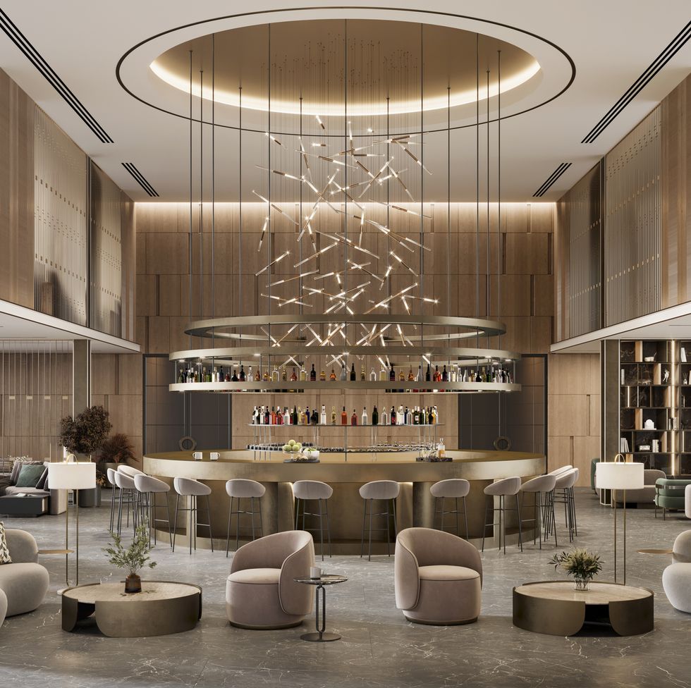 3d rendering of a luxurious hotel lobby and bar interiors computer generated image of five star hotel interior