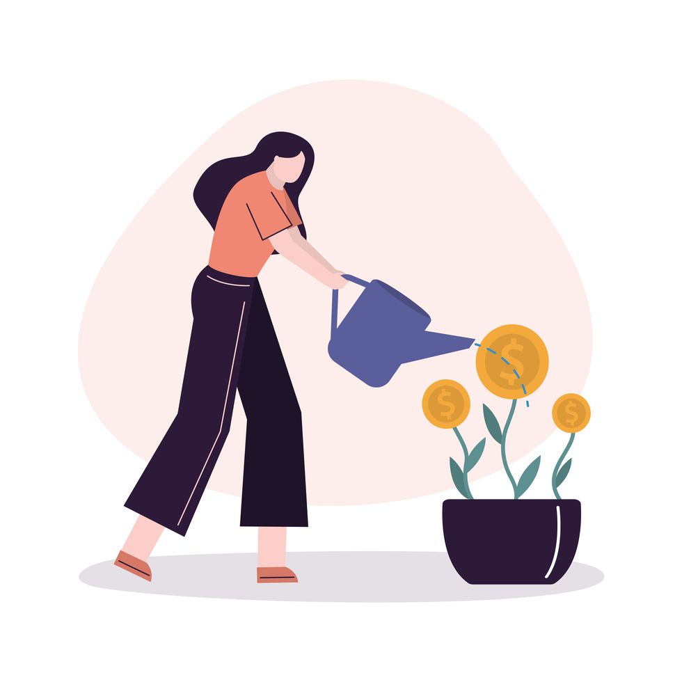 business woman watering money tree female employee investing and saving cash money deposit girl save or hoard currency concept of investment, finance management and banking vector illustration