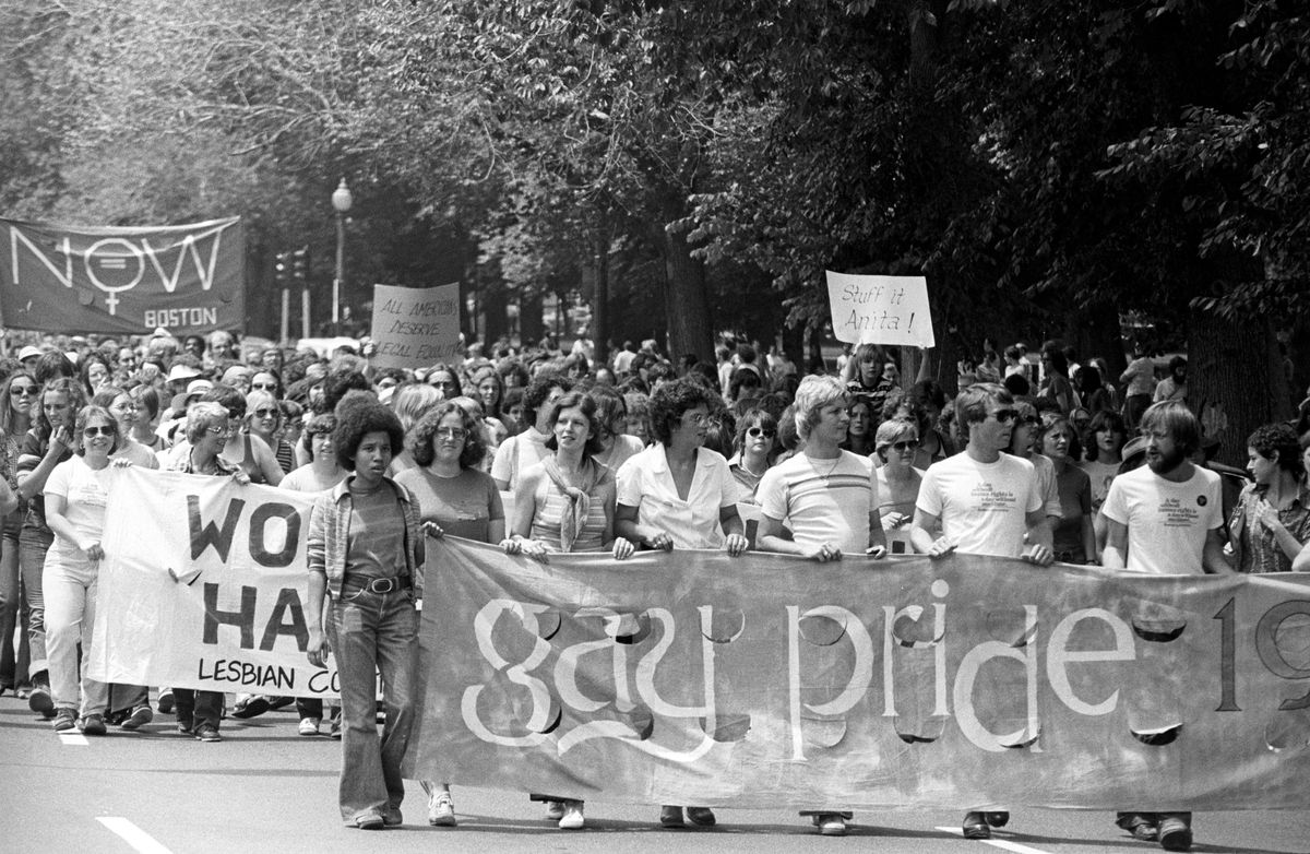 In de jaren negentig introduceerden lesbische homoseksuele en biseksuele activisten de afkorting LGB in het Nederlands soms LHB om hun gemeenschap te omschrijven De afkorting is sindsdien uitgebreid om nog meer identiteiten te erkennen De term ontstond mede dankzij het werk van mensen als de activisten op de foto die in 1975 aan een Prideparade in Boston deelnemen