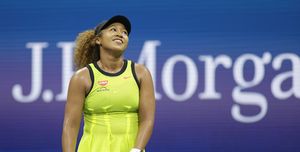 new york, new york   august 30  naomi osaka of japan reacts against marie bouzkova of czech republic during their women's singles first round match on day one of the 2021 us open at the billie jean king national tennis center on august 30, 2021 in the flushing neighborhood of the queens borough of new york city photo by sarah stiergetty images