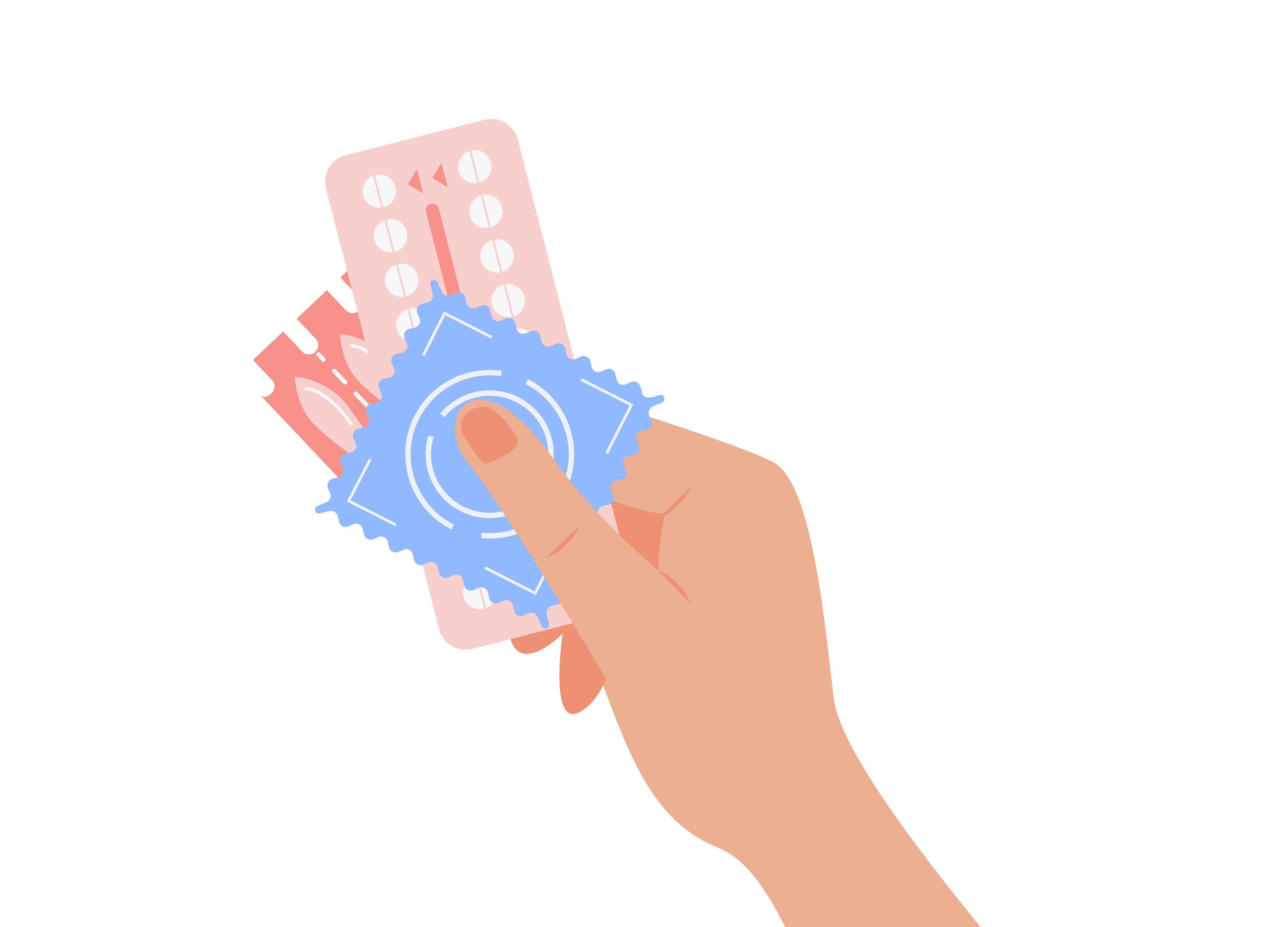 person holding in hand different types of contraception birth control methods concept condom and hormonal contraceptive pills for safe sex vector flat illustration isolated on white background