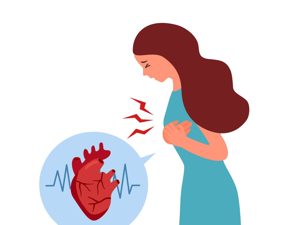 woman with heart attack symptom in flat design on white background heart disease concept