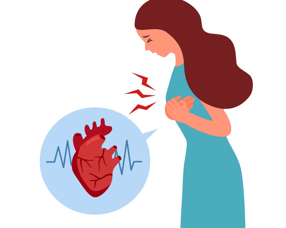 woman with heart attack symptom in flat design on white background heart disease concept