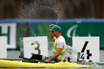 tokyo, japan september 04 curtis mcgrath of team australia celebrates his gold medal after he competes in the canoe sprint mens vaa single 200m vl3 final a on day 11 of the tokyo 2020 paralympic games at sea forest waterway on september 04, 2021 in tokyo, japan photo by dean mouhtaropoulosgetty images