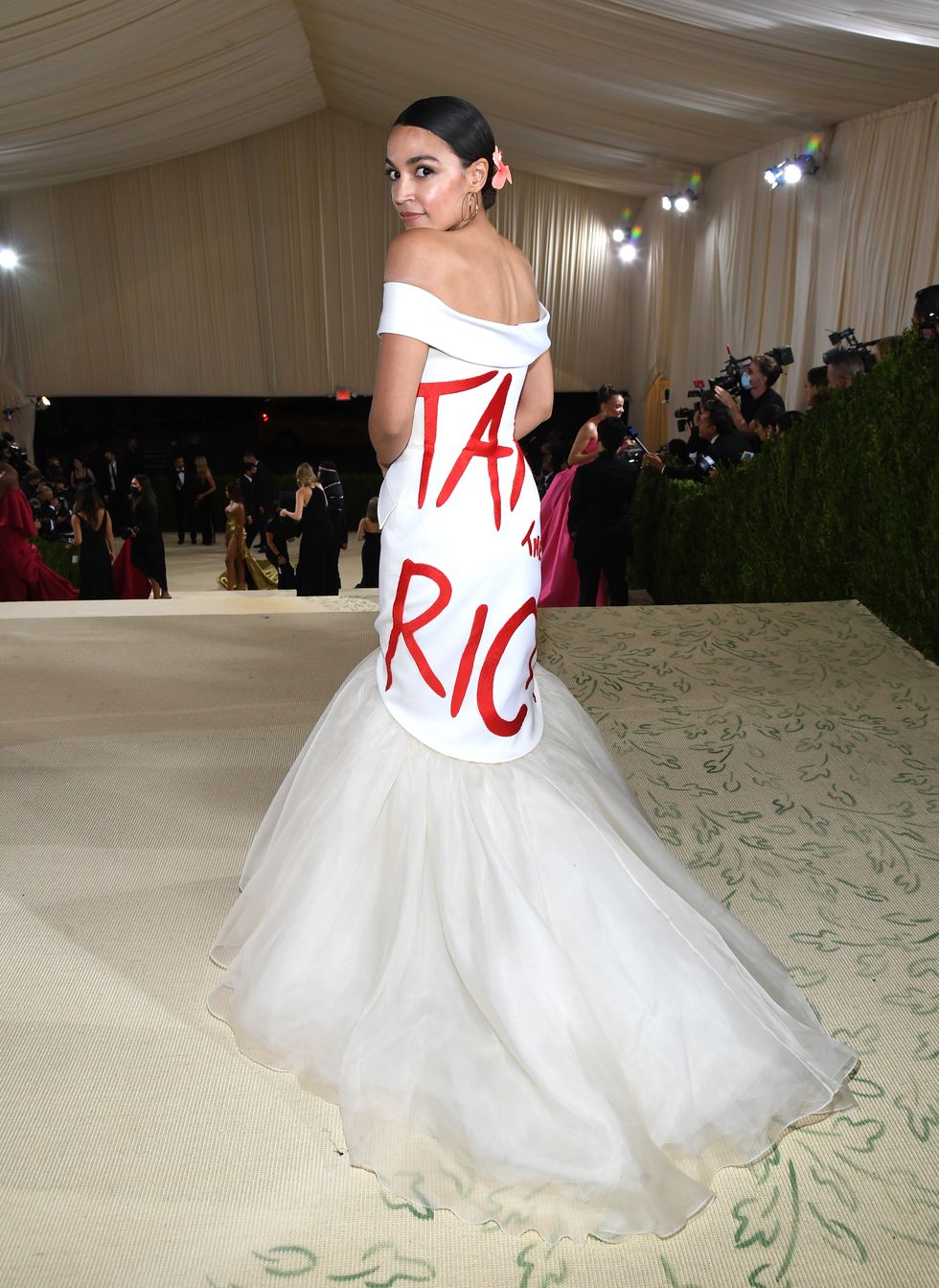 new york, new york   september 13 alexandria ocasio cortez attends the 2021 met gala celebrating in america a lexicon of fashion at metropolitan museum of art on september 13, 2021 in new york city photo by kevin mazurmg21getty images for the met museumvogue