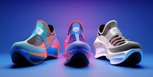 3d illustration set of three different futuristic sneaker colorful sneakers with foam soles and closure under neon color on a blue background sneakers front view fashionable sneakers