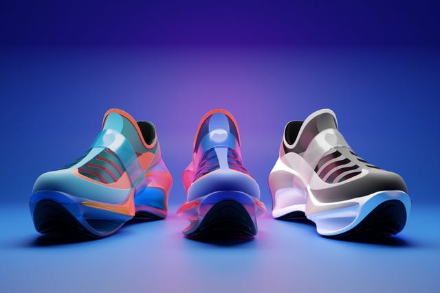 3d illustration set of three different futuristic sneaker colorful sneakers with foam soles and closure under neon color on a blue background sneakers front view fashionable sneakers