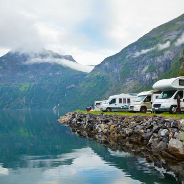 motorhomes at campsite by the geirangerfjord in norway