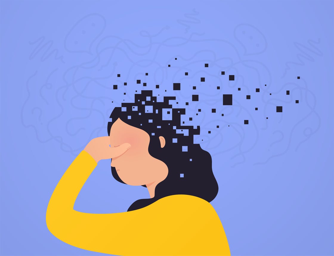 brain damage woman loses part head falling apart, pixels concept psychological health, decreased functions mind