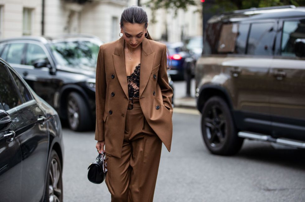 london, england   september 20 zara martin is seen wearing brown suitoutside paul  joe during london fashion week september 2021 on september 20, 2021 in london, england photo by christian vieriggetty images