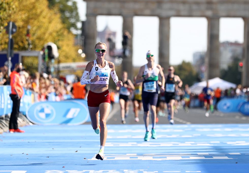 berlin, germany   september 26 shalane flanagan of the united states of america finishes seventeenth in the womens elite race during the 47th berlin marathon 2021 on september 26, 2021 in berlin, germany photo by maja hitijgetty images