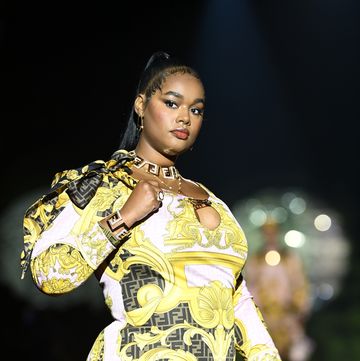milan, italy   september 26  precious lee walks the runway at the versace special event during the milan fashion week   spring  summer 2022 on september 26, 2021 in milan, italy photo by daniele venturellidaniele venturelli  getty images