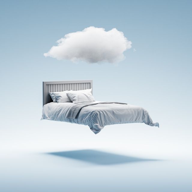 natural sleep aids, 3d illustration of double bed hovering in air and with white cloud above blue toned computer graphics moody attitude