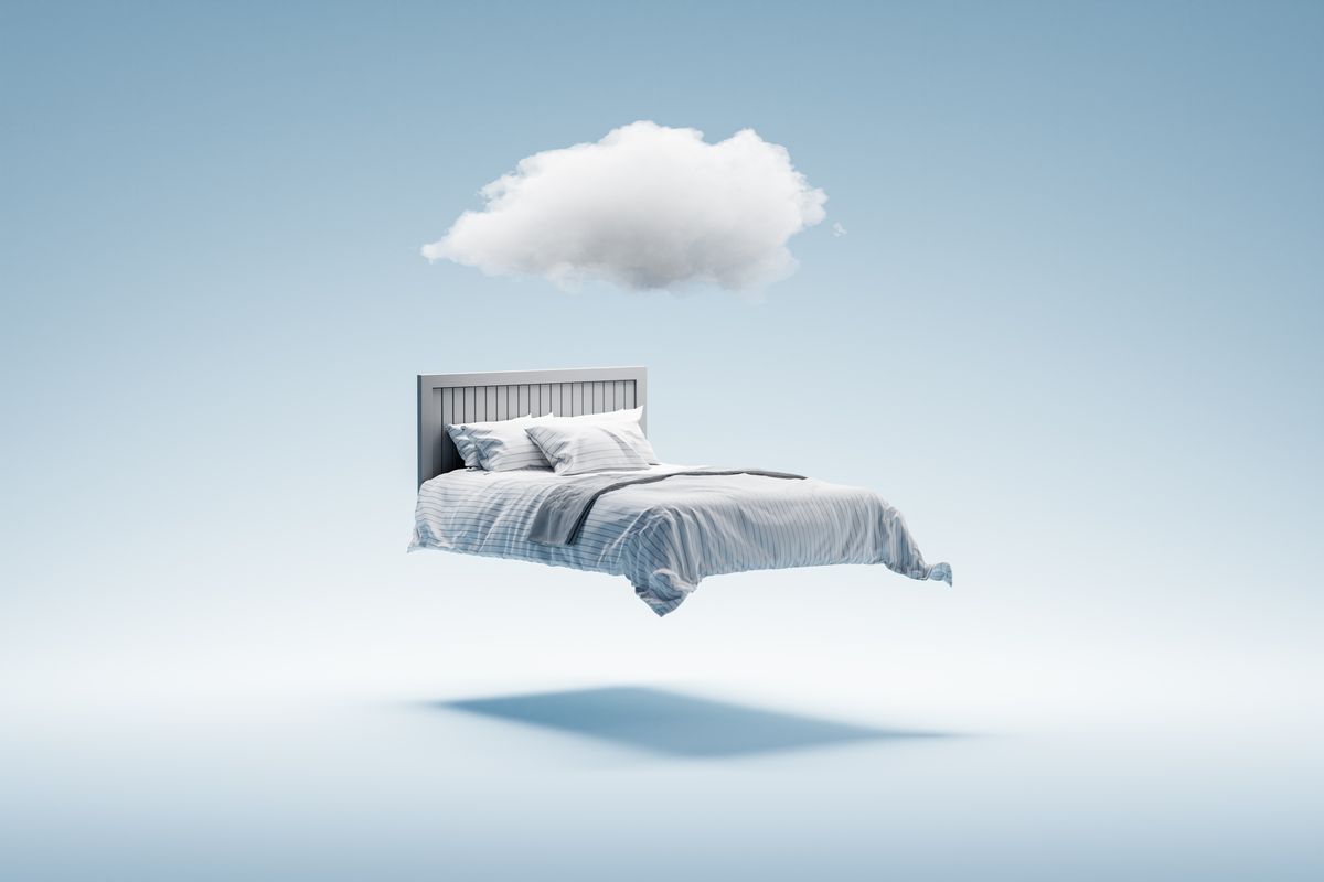 3d illustration of double bed hovering in air and with white cloud above blue toned computer graphics moody attitude