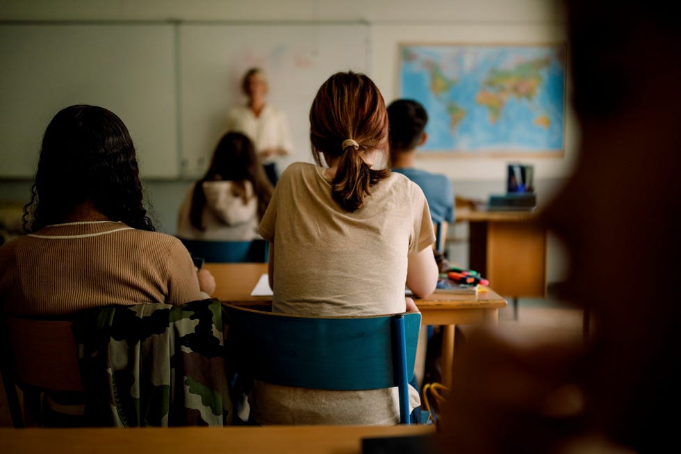 rear view of teenage girls and boys learning in classroom