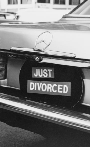 a sign reading just divorced on the trunk of a mercedes benz, usa, circa 1965 photo by graphic housearchive photosgetty images