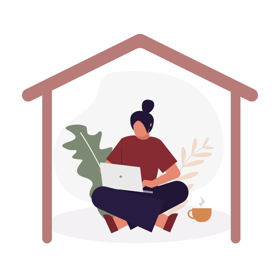 female freelancer working from home workplace with cartoon business woman stay home and safe concept work in focus, productivity and self discipline coworking and office space vector illustration
