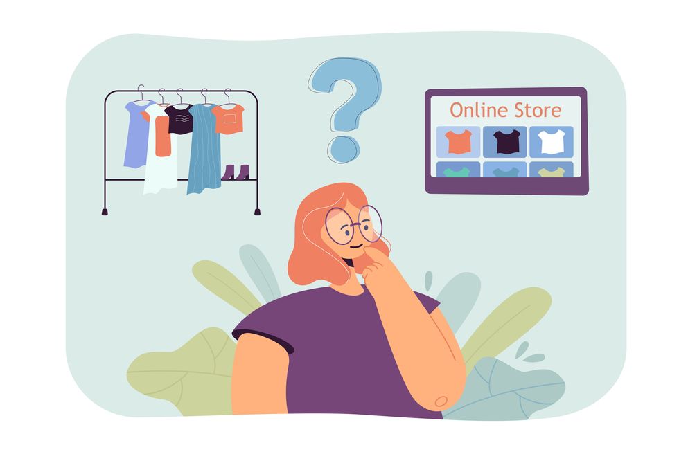cartoon girl choosing between online store and trying on clothes woman thinking of buying clothing from internet or local shop flat vector illustration shopping, ecommerce concept for banner