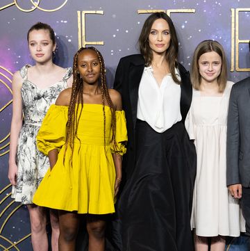 london, england october 27 l r shiloh jolie pitt, zahara jolie pitt, angelina jolie, vivienne jolie pitt attend the eternals premiere at bfi imax waterloo on october 27, 2021 in london, england photo by samir husseinwireimage