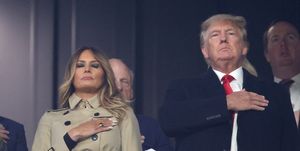 atlanta, georgia october 30 former first lady and president of the united states melania and donald trump stand for the national anthem prior to game four of the world series between the houston astros and the atlanta braves truist park on october 30, 2021 in atlanta, georgia photo by elsagetty images