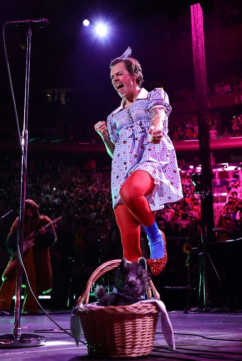 new york, new york   october 30 harry styles performs, in dorothy from the wizard of oz costume, with toto dog onstage at harry styles harryween fancy dress party at madison square garden on october 30, 2021 in new york city photo by theo wargogetty images for hs