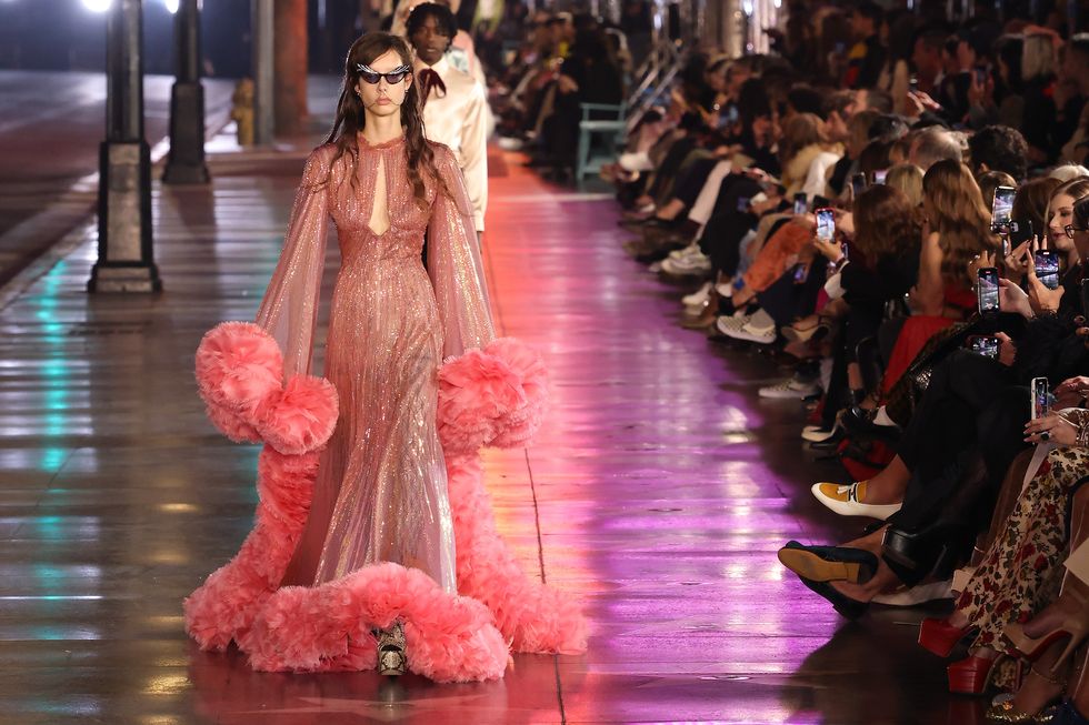 hollywood, california   november 02 a model walks the runway at the 2021 gucci love parade down hollywood boulevard on november 02, 2021 in hollywood, california photo by taylor hillwireimage