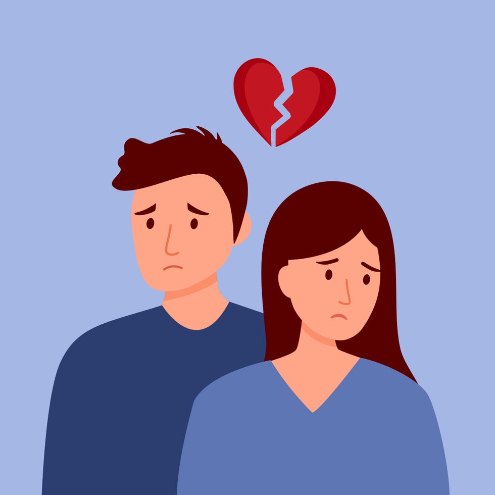 broken heart concept vector illustration sad man and woman with red broken heart pieces breakup relationship