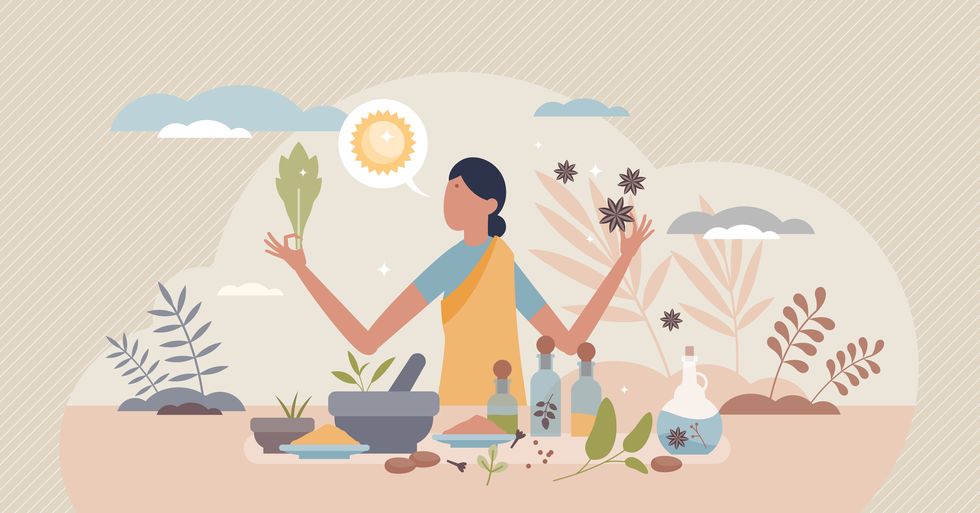 ayurvedic medicine as alternative holistic body healing tiny person concept indian culture practice with herbs and spices eating for spiritual health, wellness and mindfulness vector illustration