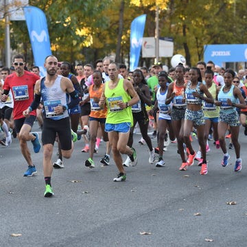 madrid, spain november 14 several runners participate in the 20th madrid half marathon, on 14 november, 2021 in madrid, spain madrid hosts this sunday its xx half marathon, which returns to the capital after being suspended in the last edition because of the pandemic the race consists of 21,097 metres it starts at the paseo de la castellana and finishes at the paseo de recoletos along the way, runners pass by emblematic areas of the capital, such as the santiago bernabeu stadium, plaza de castilla, puerta de alcala, atocha station and the cibeles fountain photo by gustavo valienteeuropa press via getty images