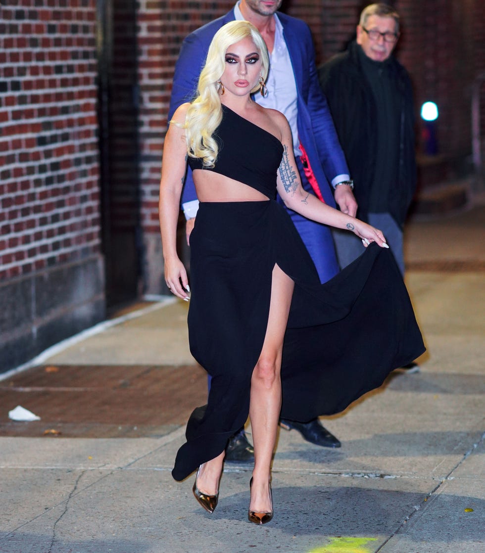 Lady Gaga Wears a Silver Trench Coat and Black Dress in New York