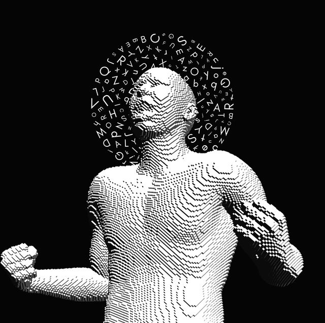 portrait of a man shouting loud with halo of letters in chaotic order above his head angry muscled guy is yelling at something with closed fists voxel art 3d vector illustration