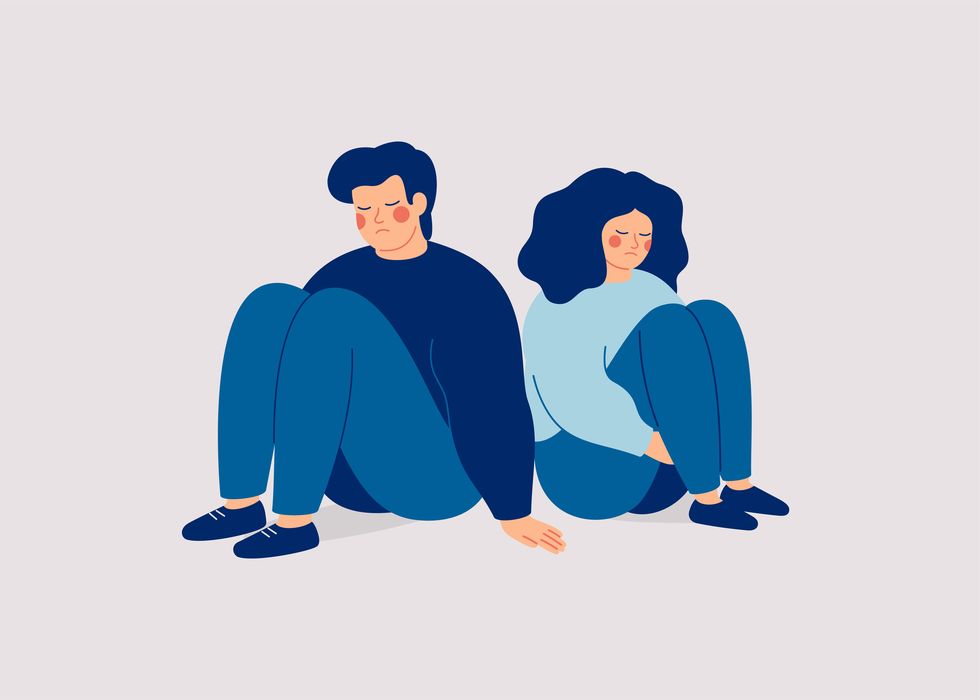 sad man and woman sit back to back and no speak couple on the brink of divorce friends quarrel and misunderstand relationship break up and family crisis concept vector illustration