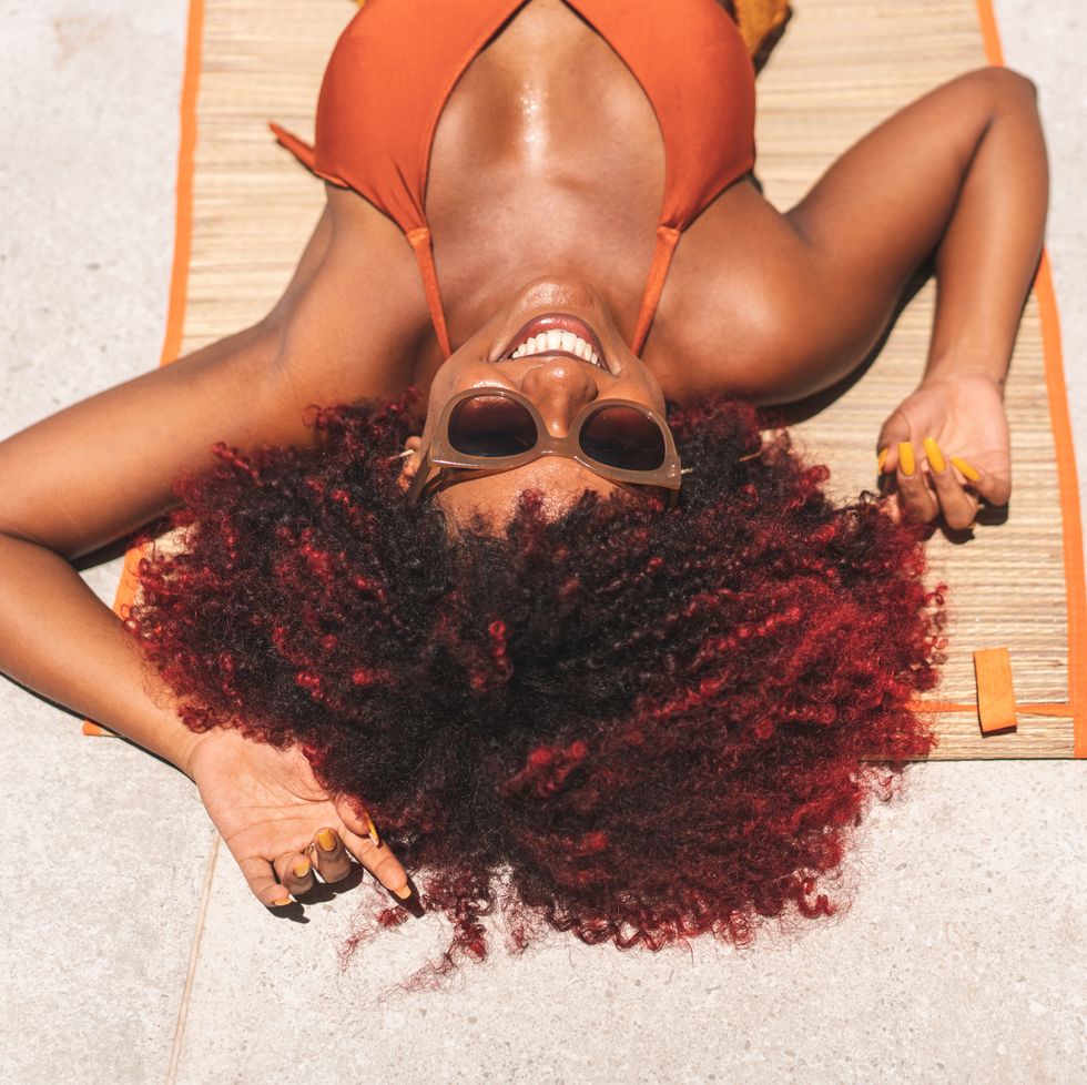 woman, afro, tan, sunny day, summer