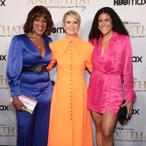 new york, new york   december 08 gayle king, cynthia nixon, and guest attend hbo maxs premiere of and just like that at museum of modern art on december 08, 2021 in new york city photo by dimitrios kambourisgetty images