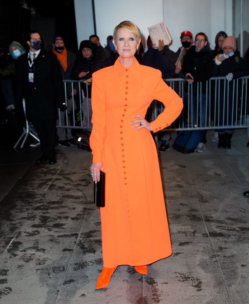 new york, new york   december 08 cynthia nixon attends the ny premiere of and just like that on december 08, 2021 in new york city photo by gothamgc images