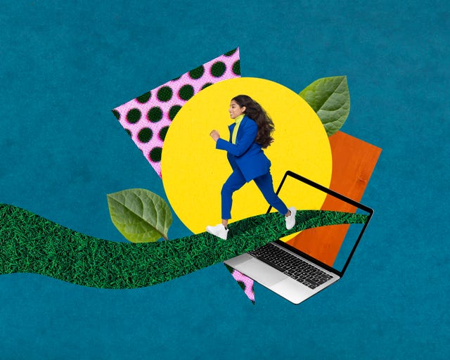 young business woman running along a grass pathway surrounded by colourful abstract shapes on a blue background
