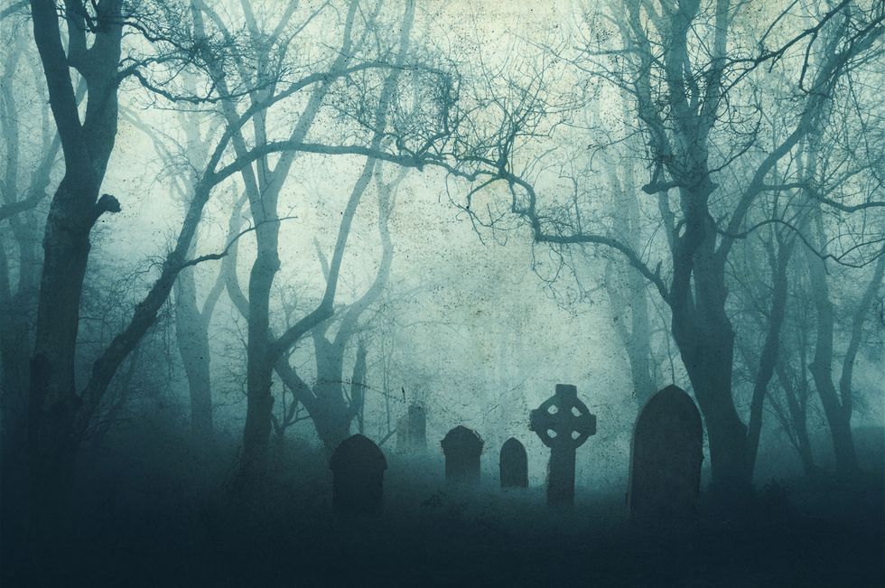 a horror concept of a spooky graveyard in a scary forest in winter, with the trees silhouetted by fog with a muted, grunge edit