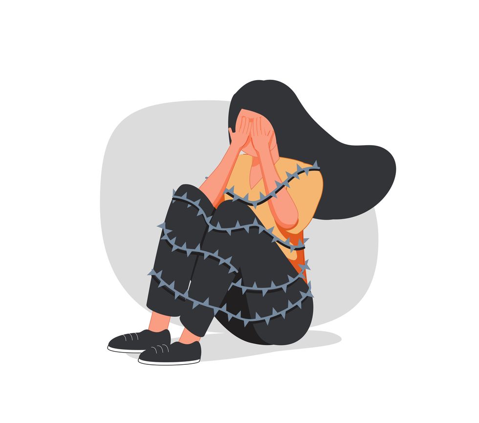 sad woman surrounding sharp thorns lonely girl has mental health problems and difficulty social acceptance concept social rejection and pessimism vector illustration flagellation, fear, depression