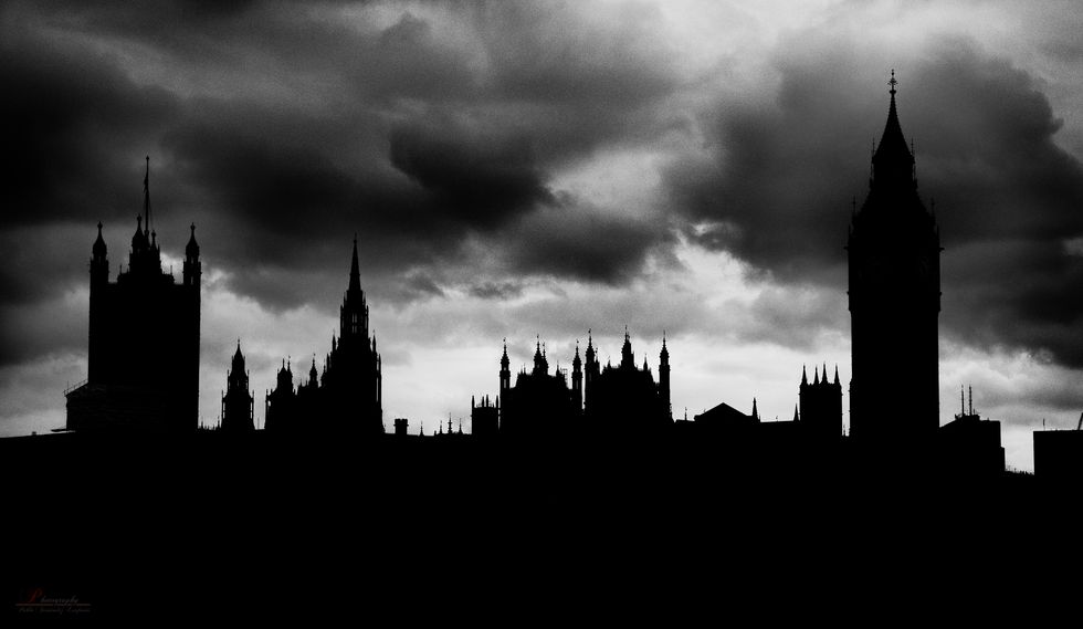 black and white sunset at westminster abbey with the big ben backlit taken in may before starting the repair works at the tower