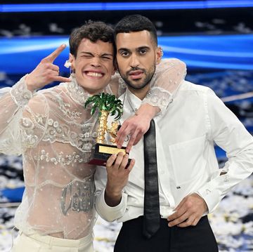sanremo, italy   february 05 blanco and mahmood pose with top prize during the 72nd sanremo music festival 2022 at teatro ariston on february 05, 2022 in sanremo, italy photo by daniele venturellidaniele venturelligetty images