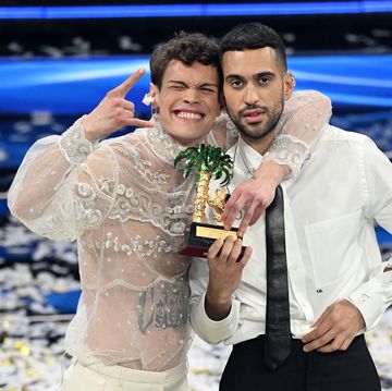 sanremo, italy   february 05 blanco and mahmood pose with top prize during the 72nd sanremo music festival 2022 at teatro ariston on february 05, 2022 in sanremo, italy photo by daniele venturellidaniele venturelligetty images