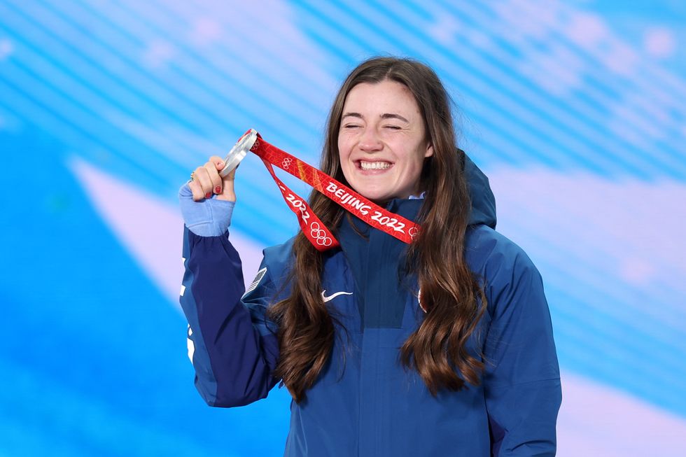 zhangjiakou, china   february 07 silver medalist, jaelin kauf of team united states celebrates with their medal during the womens moguls medal ceremony at medal plaza on february 07, 2022 in zhangjiakou, china photo by maddie meyergetty images