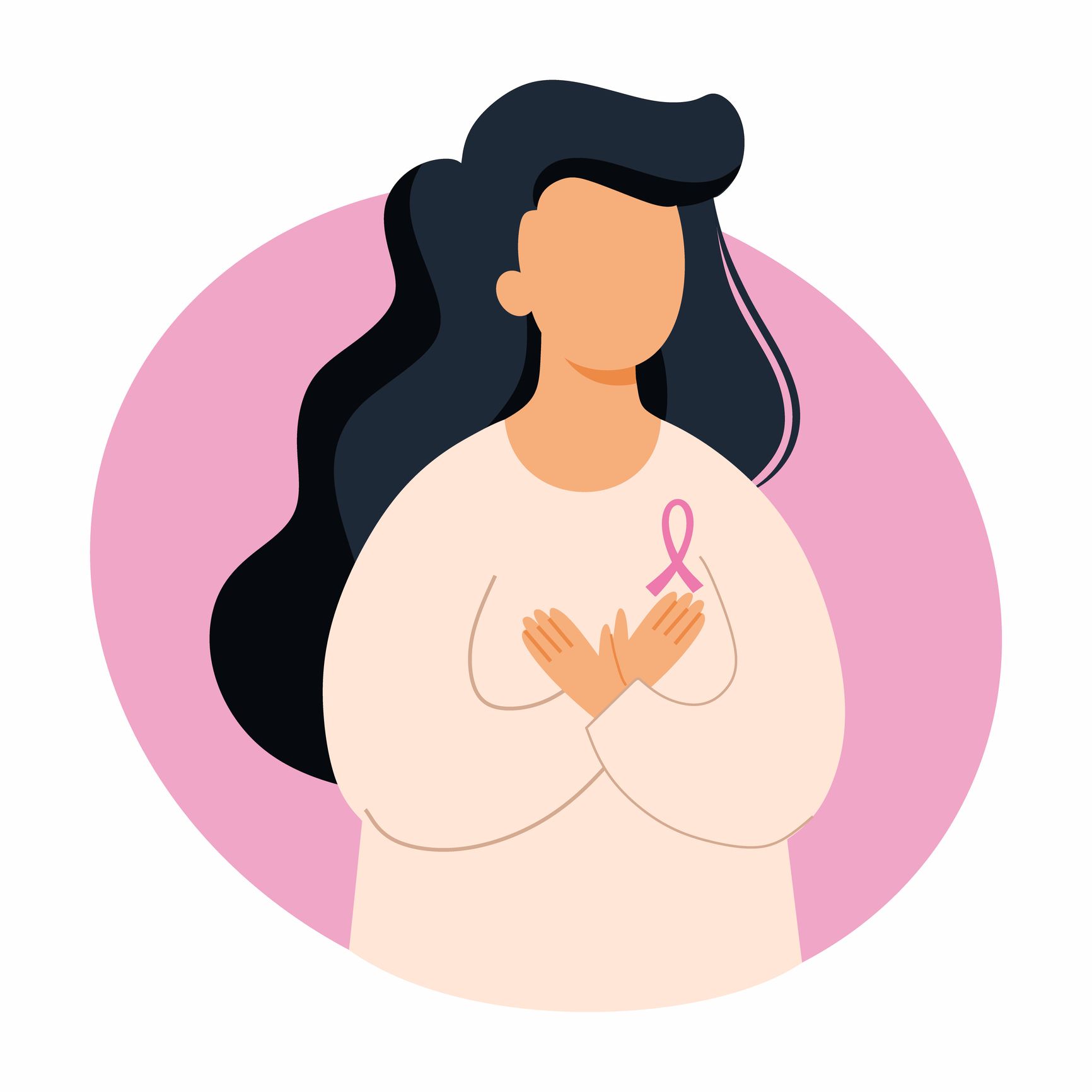 woman holds hands on chest breast cancer awareness day health problems vector illustration on topic of medicine symptom of disease
