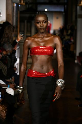 new york, new york   february 14 rouguy walks the runway during laquan smith   february 2022 new york fashion week at 60 pine street on february 14, 2022 in new york city photo by fernanda calfatgetty images